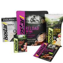 tous les éléments composants le pack entraînement marathon : paquet de cereal max, sachet de reload drink, paquet de fruit boost energy à la fraise, paquet de tablets energy endurance, sachet de barres de récupération