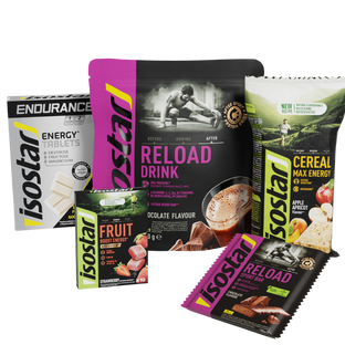 tous les éléments composants le pack entraînement marathon : paquet de cereal max, sachet de reload drink, paquet de fruit boost energy à la fraise, paquet de tablets energy endurance, sachet de barres de récupération
